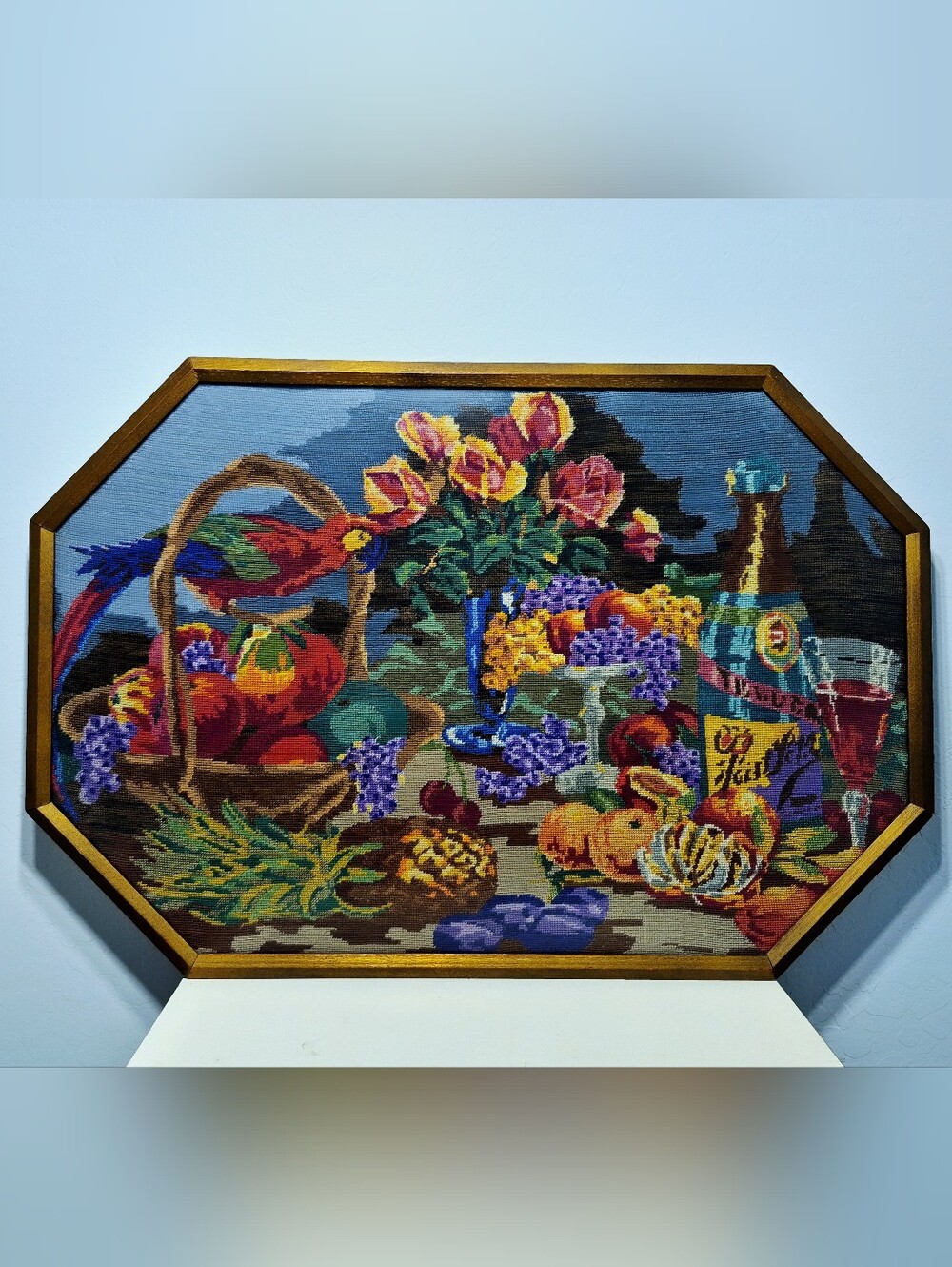 Vintage Needlepoint Art 29x19.5 Octagonal Wood Frame Still Life Fruit Wine Bird